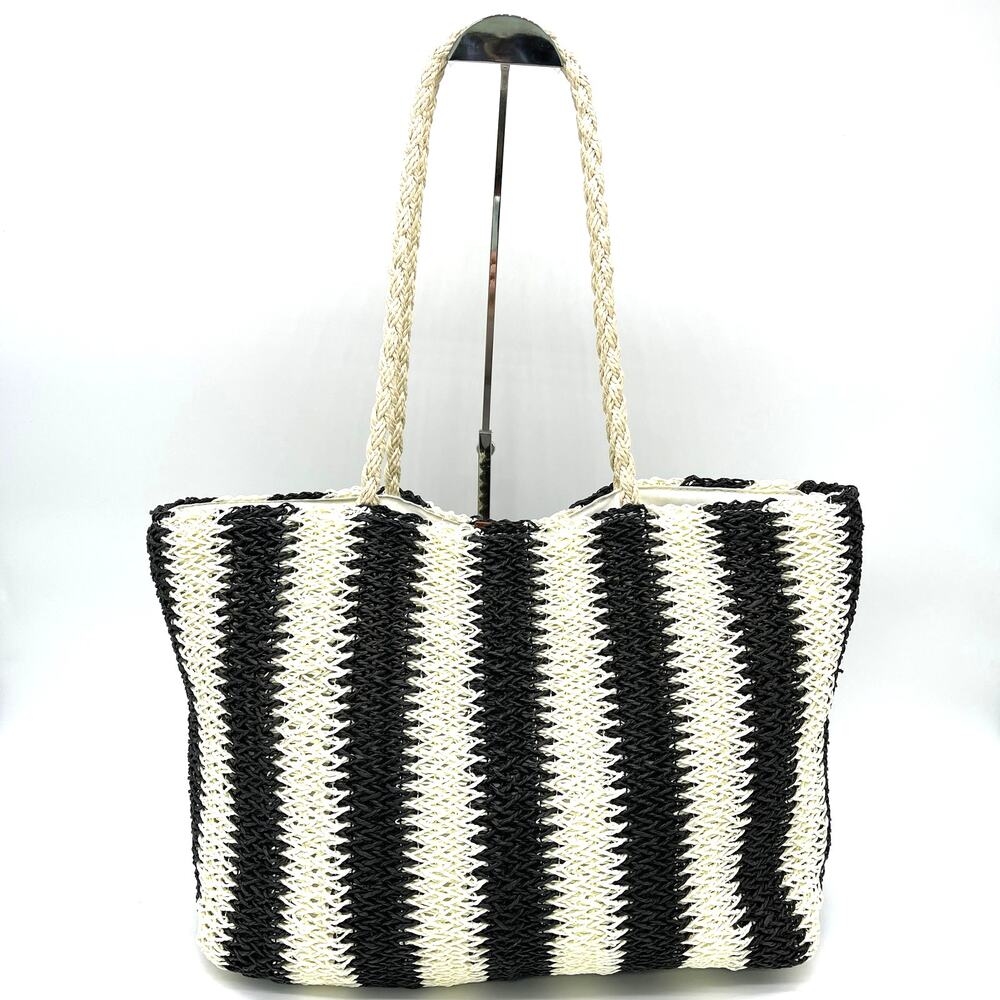 Bueno Tote Bag Large‎ Woven Straw Black Cream Beachy Boho Travel Summer Festival - Picture 4 of 13